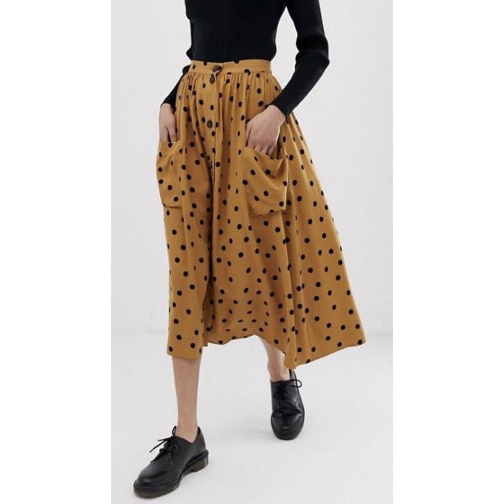 ASOS Mustard Yellow Polka Dot Midi Button Up Skirt With Pockets Size 14